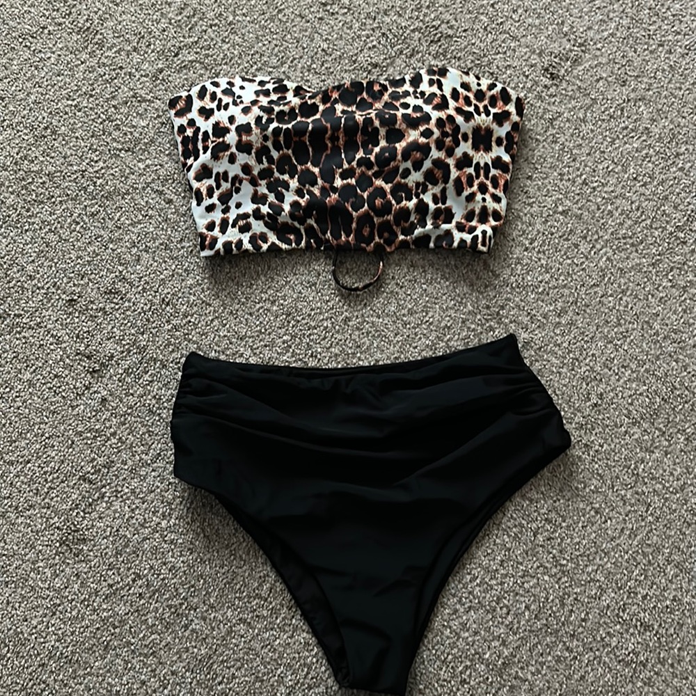Two piece leopard and black bikini